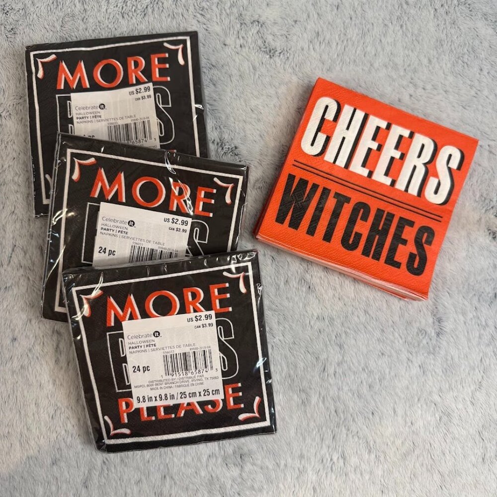 Celebrate it Halloween Funny Napkins 9.8 x 9.8 3 packs of 24, 1 stack of 19 = 91